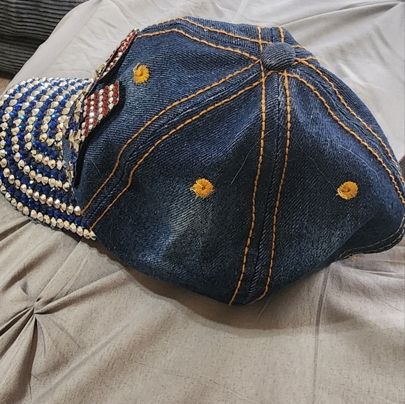 USA Jewel Studded Baseball Cap Star Bling Rhinestone Distressed Jean Denim Hat - Picture 4 of 5
